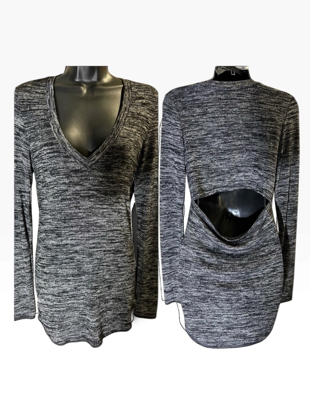 Wilfred Black and Gray Marled Long-Sleeve V-Neck Top with Back Cutout